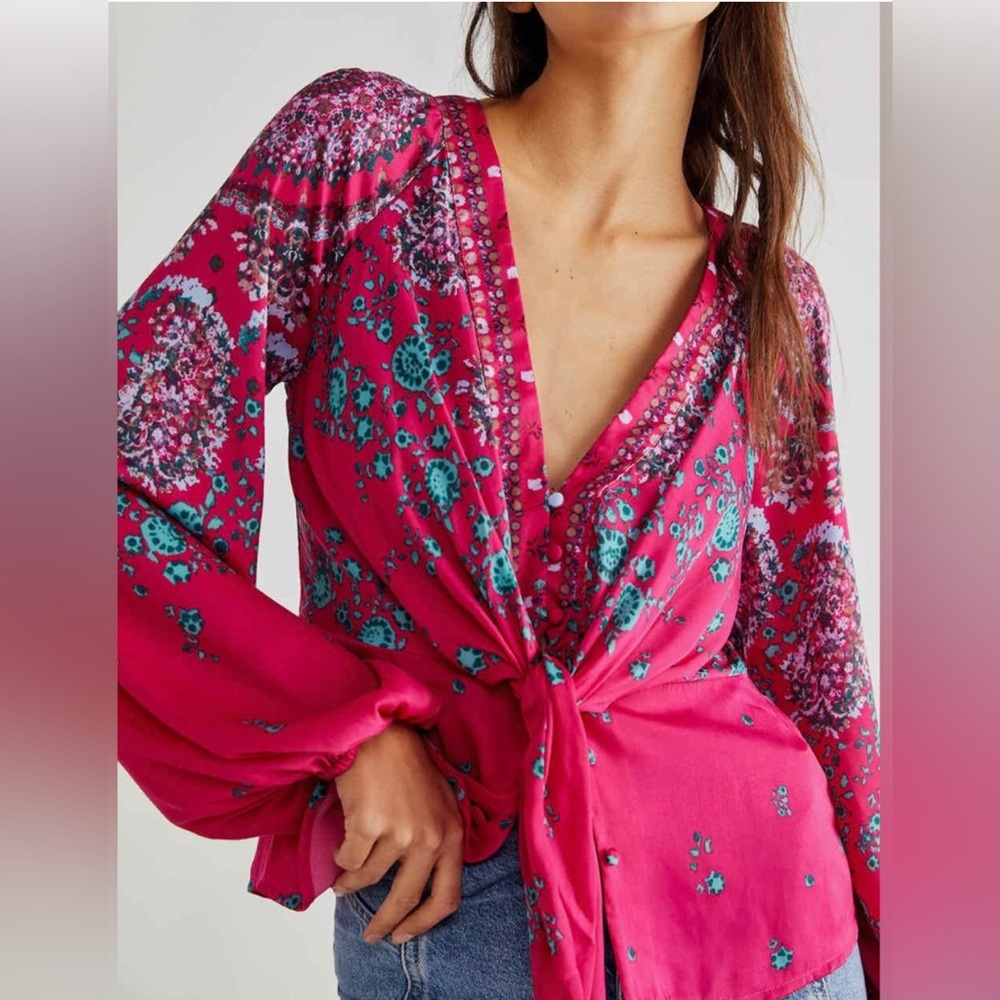 NWT Free People Run Free Pink Floral Blouse Top M